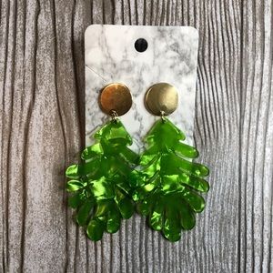 Gold Tone & Green Leaf Acrylic Earrings